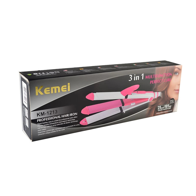 Cross-border Kemei KM-1213 3-in-1 Hair Straightener Curling Uninjured