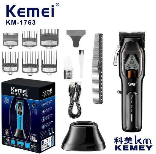KEMEI KM-1763 Hair Clipper - Fast USB-C Charging Trimmer with Adjustable Blades & Dock